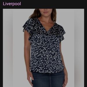 Liverpool NWT Navy Multiprint Blouse Sz. 2X W/Butterfly Sleeves Silk Feel Vneck